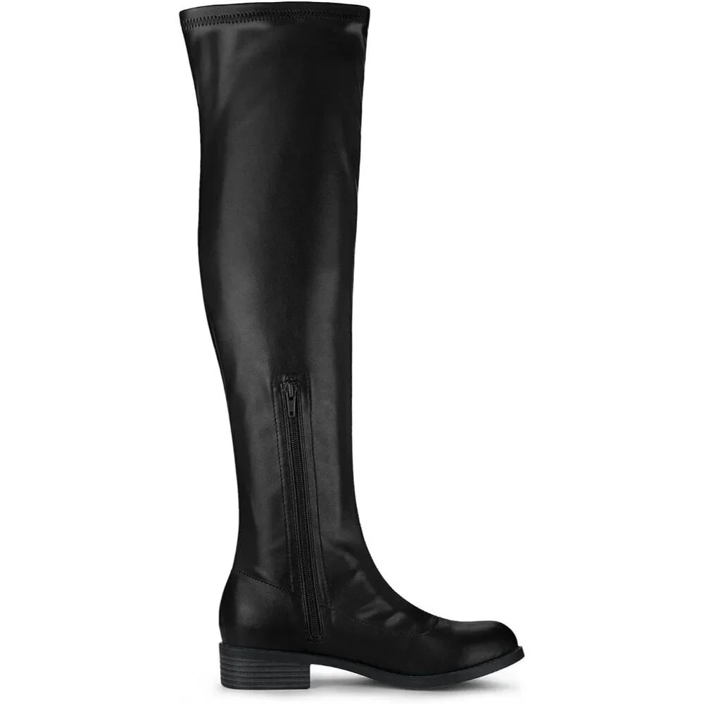 Women's Black Faux Leather Thigh High Low Block Heel Fashion Over the Knee Boots